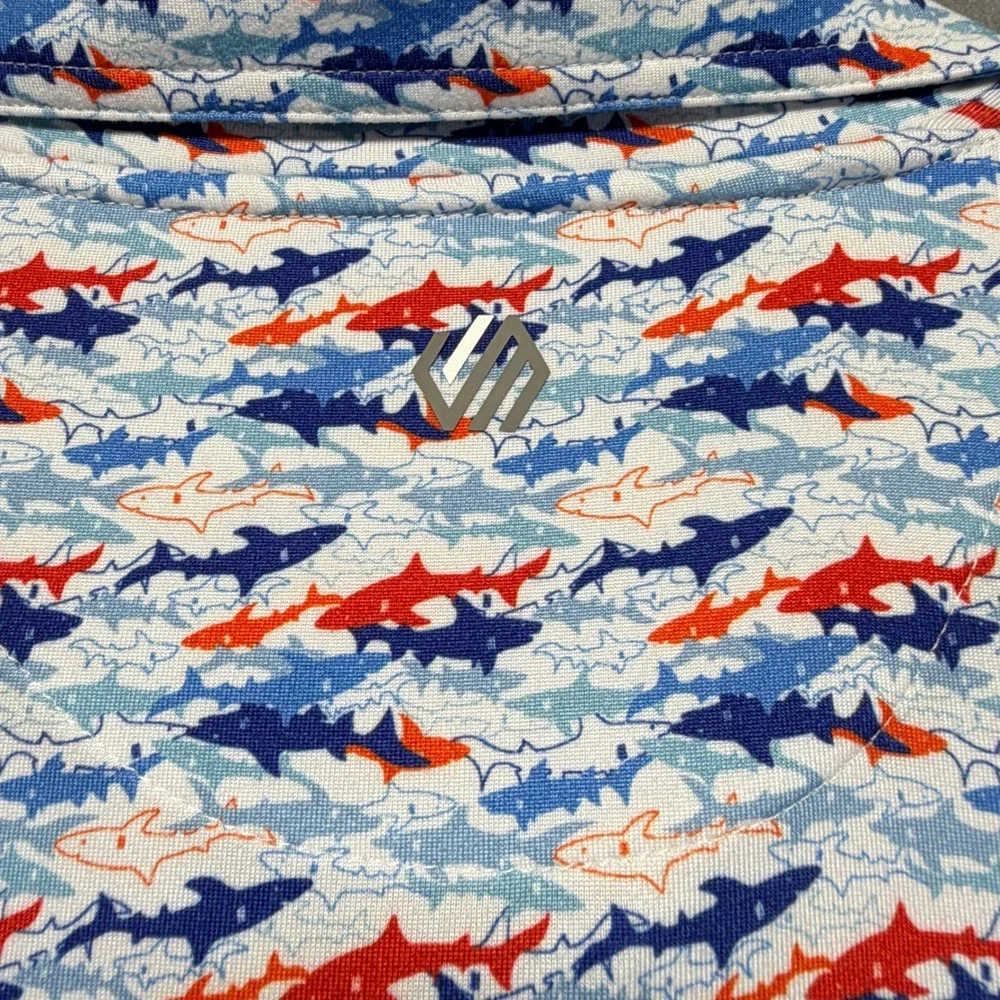 Johnston & Murphy XC4 Mens XXL Shark Print Performance Golf‎ Polo Blue Red White